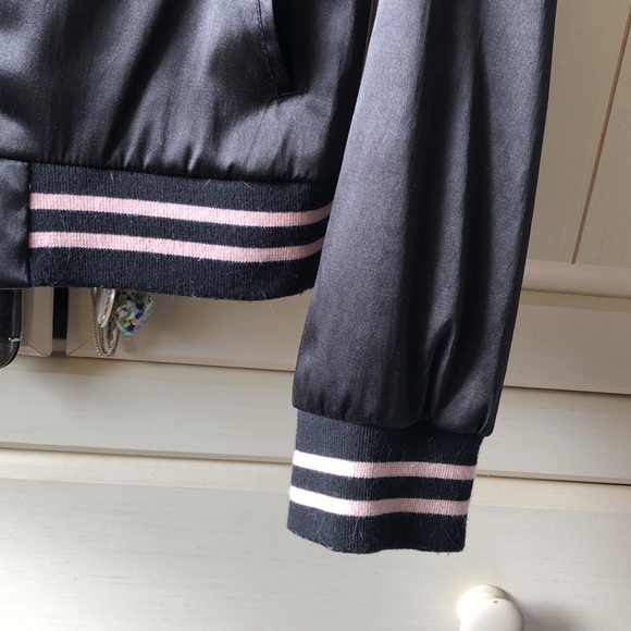 ASHLEY 26 International • Black Satin Baseball Style Bomber Jacket w/ Pink Trim - Picture 7 of 11